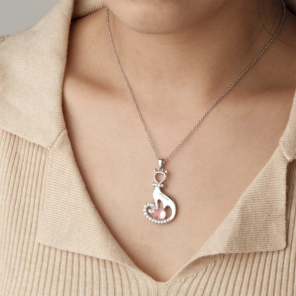Lovely Cat Birthstone Necklace With Text Unique Zircon Pendant Jewelry Gifts For Women - soufeelau