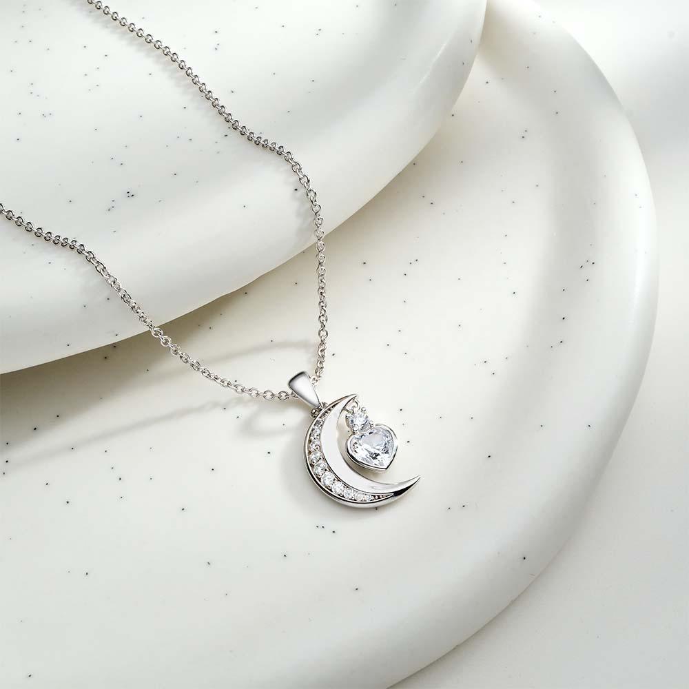 Engravable Zircon Moon Necklace With Heart Birthstone Pendant Jewelry Gifts For Her - soufeelau