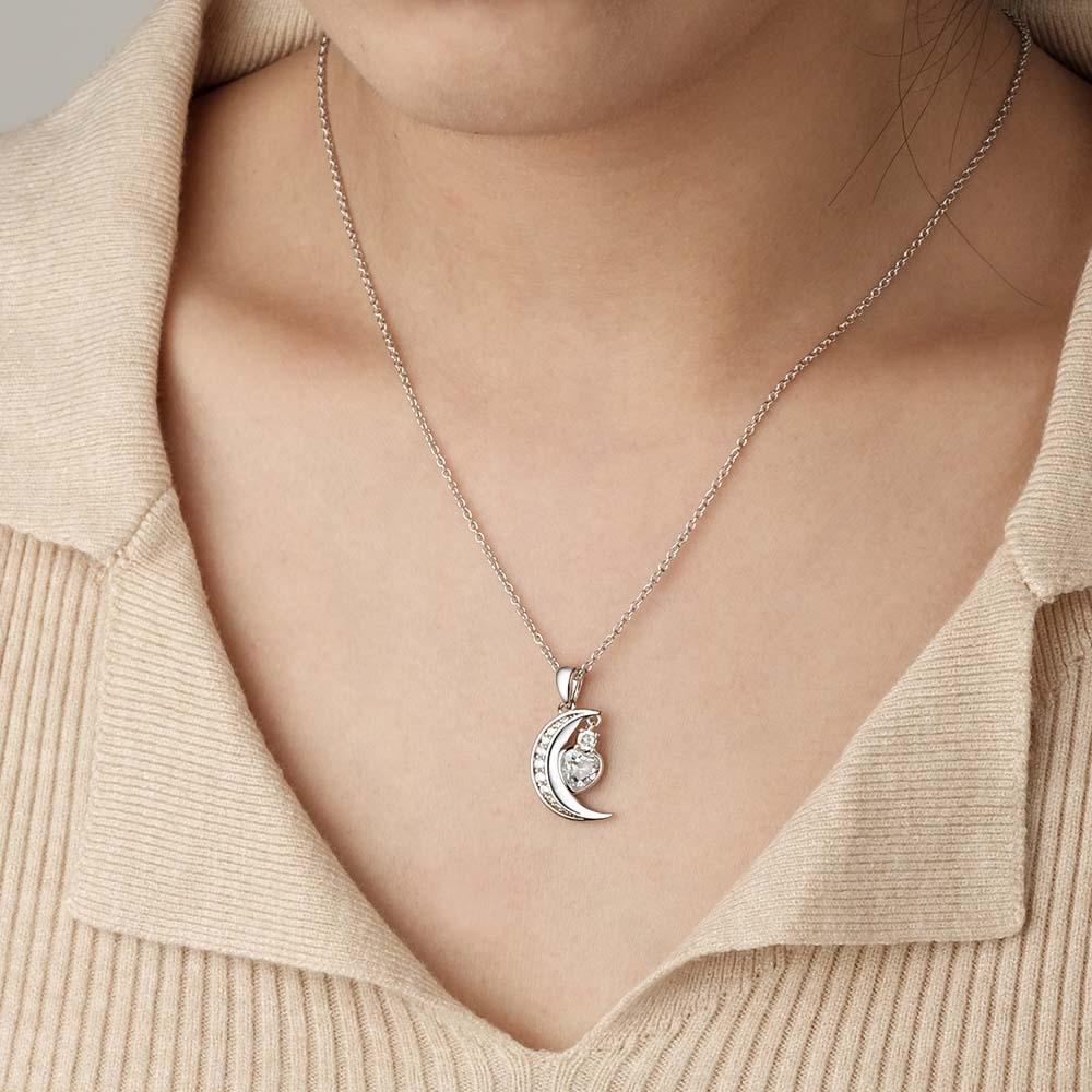 Engravable Zircon Moon Necklace With Heart Birthstone Pendant Jewelry Gifts For Her - soufeelau