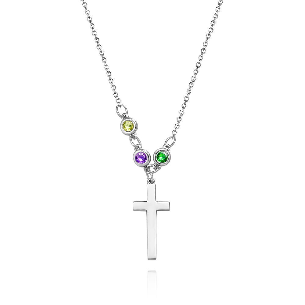 Personalized Cross with Tiny birthstone necklace - Family tree necklace