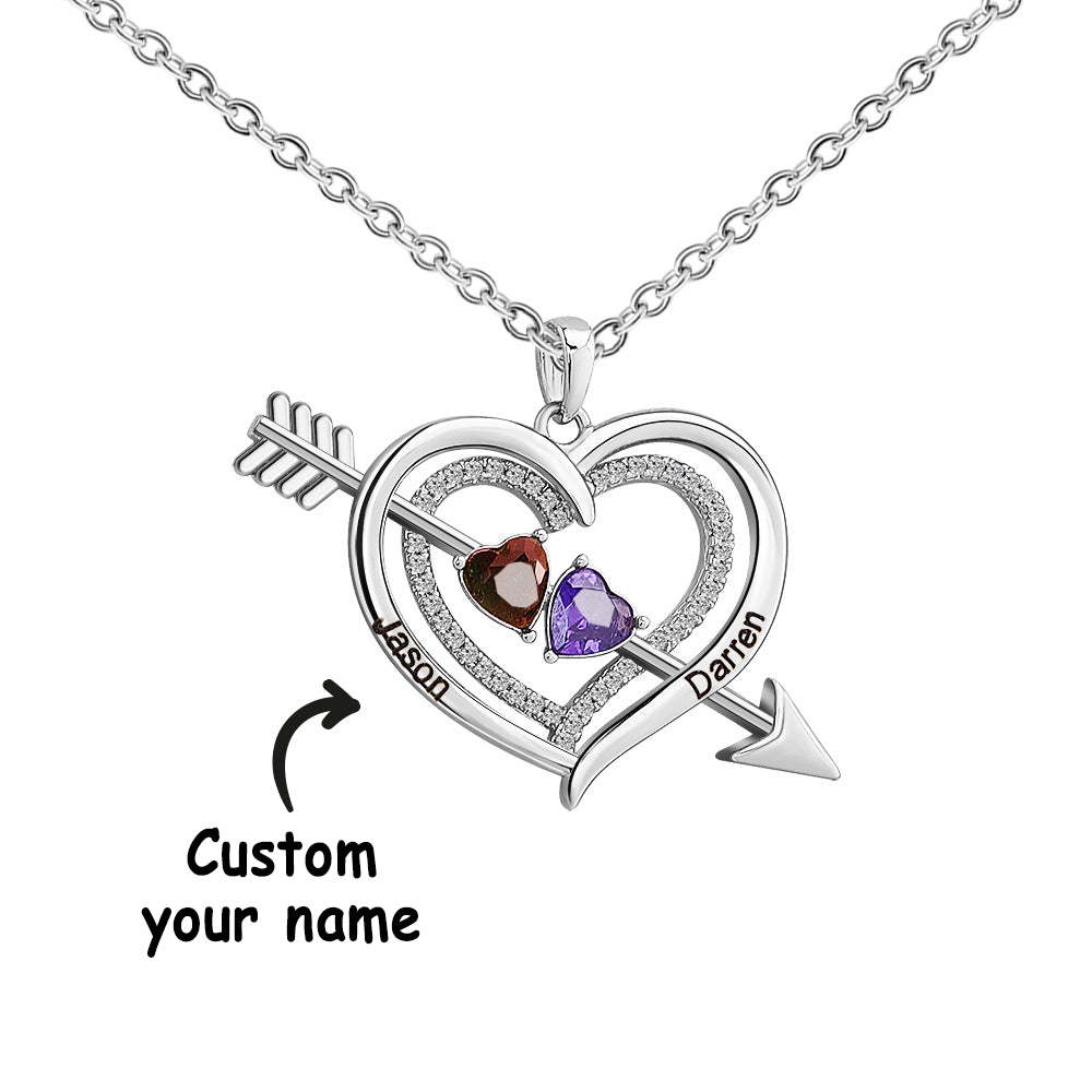 Personalized Name Birthstone Cupid Arrow Heart Necklace Engrave Necklace for Her - soufeelau