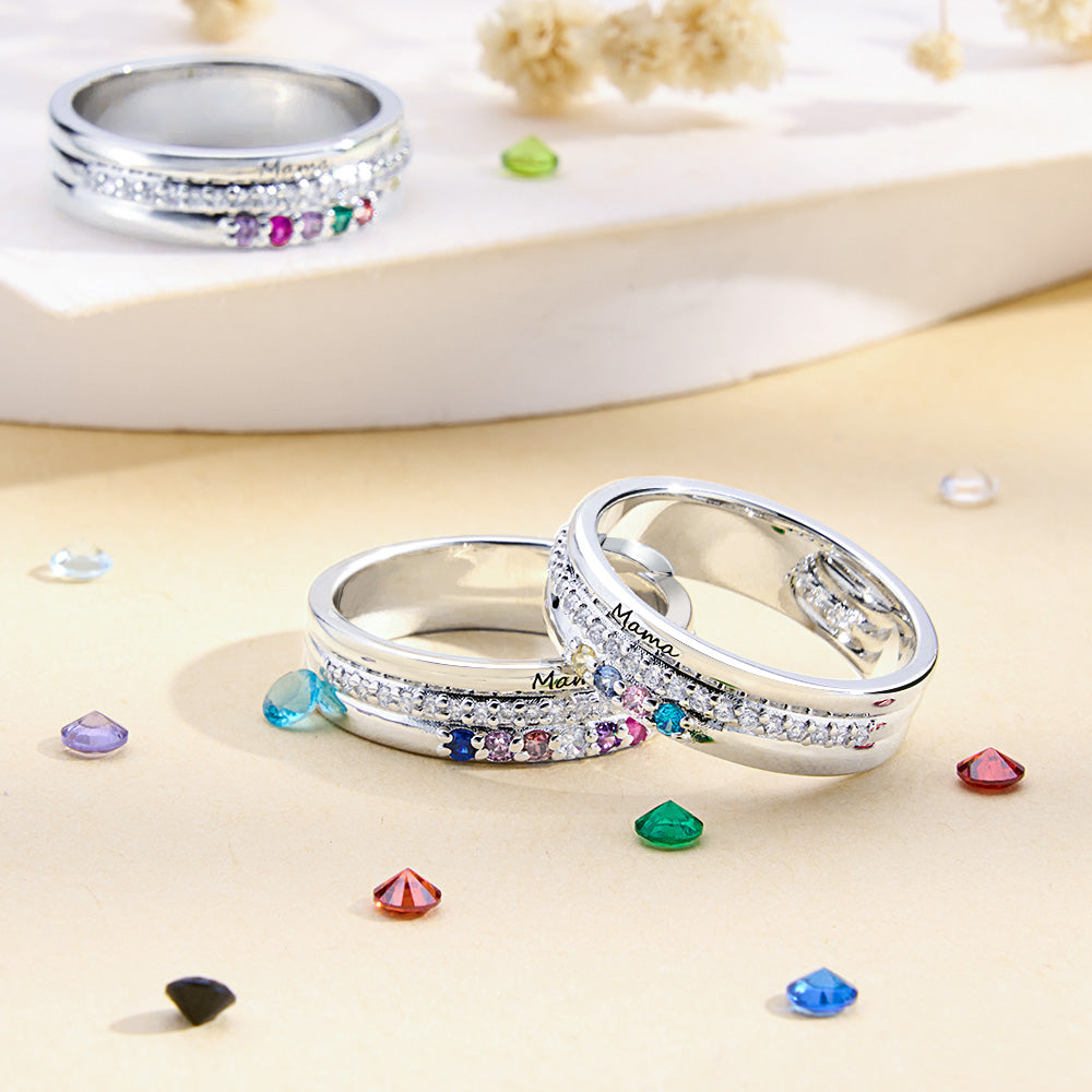 Personalized Birthstones Ring with Engraved Text Family Ring Jewelry Birthday Gift for Mom Grandma - soufeelau