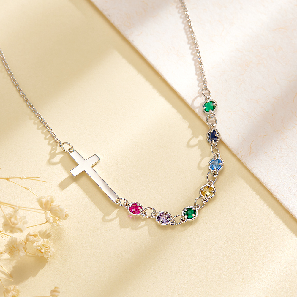 Personalized Birthstone Silver Cross Necklace Cross Family Birthstone Necklace