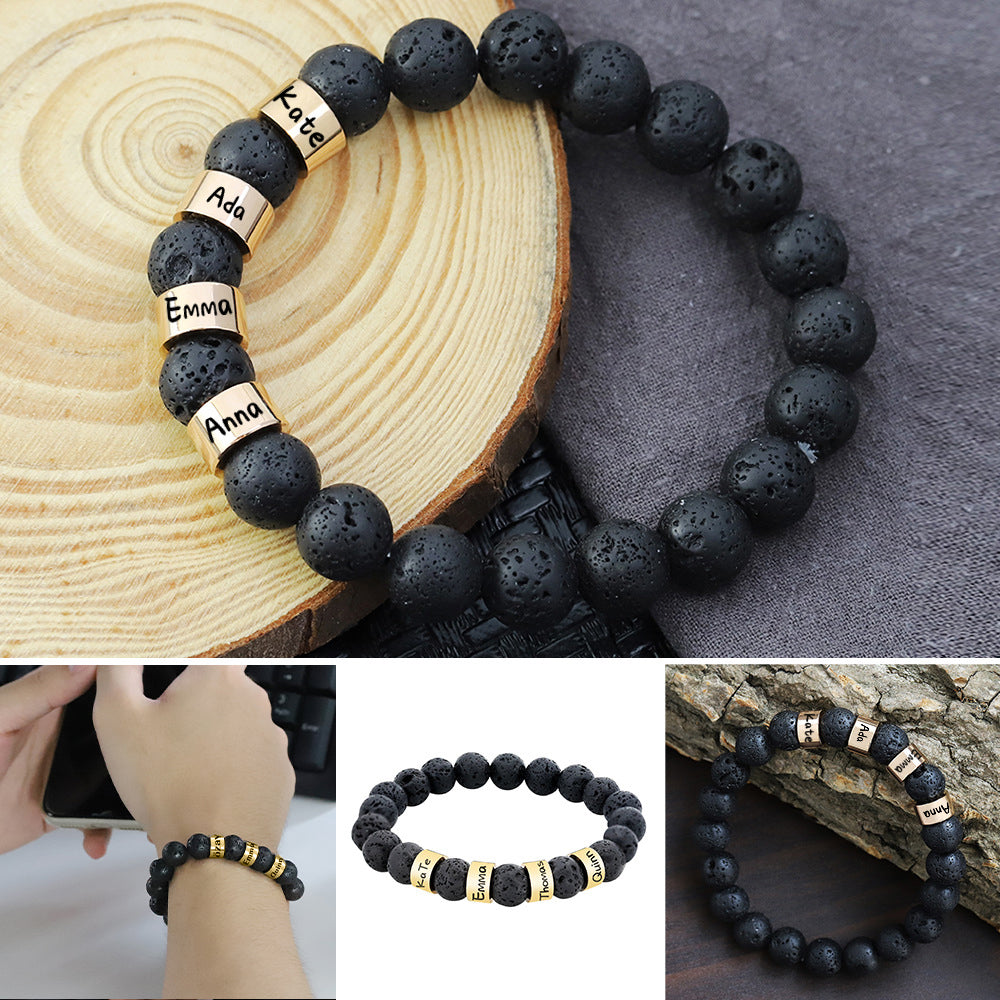 Personalized Name Black Lava Stone Bead Bracelet Gift for Men Husband Father Grandfather - soufeelau