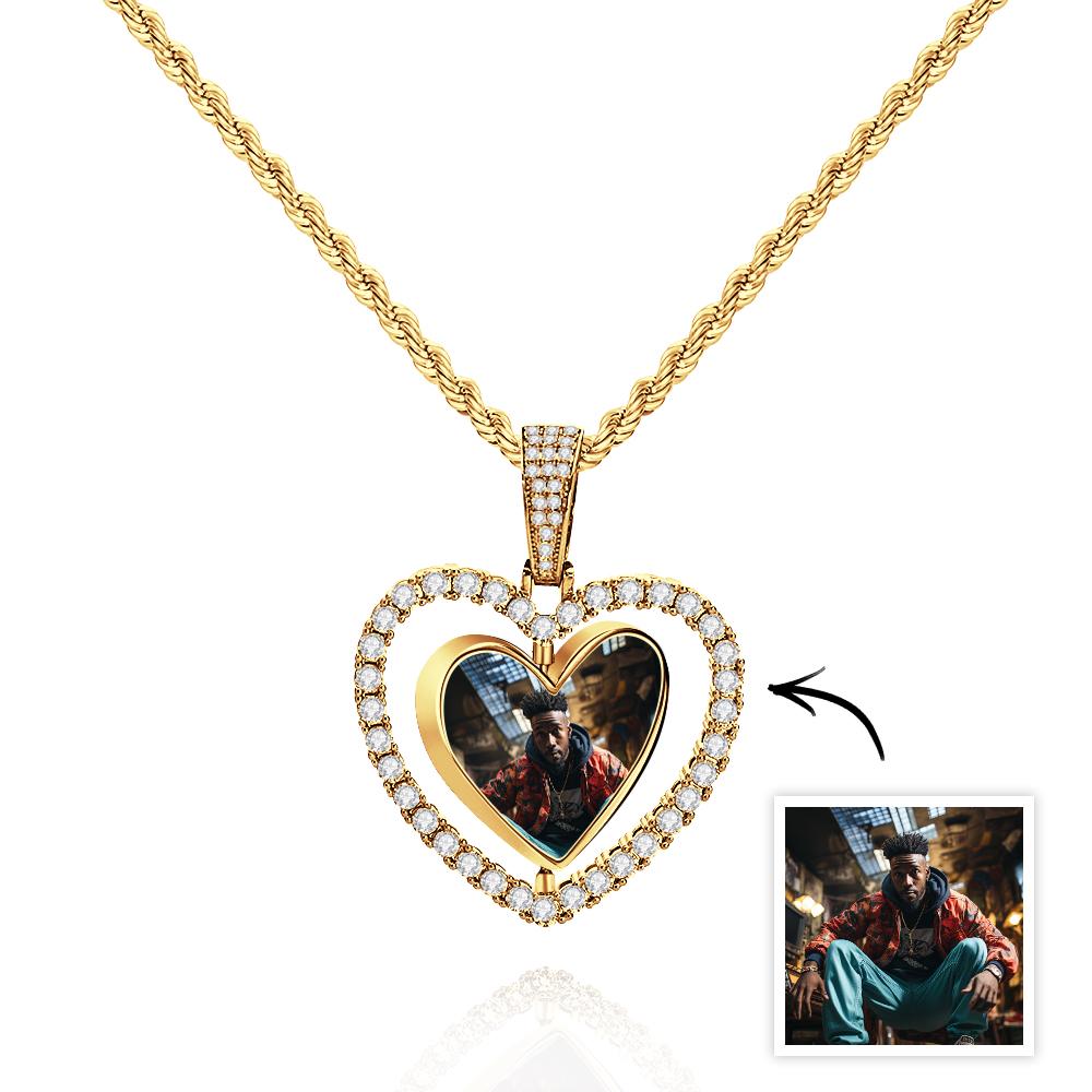 Hip Hop Photo Necklace Rotatable Heart Hollow-out Zircon Pendant Jewelry Gifts For Men - soufeelau