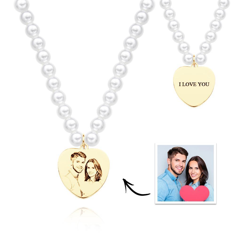 Custom Photo Engraved Necklace Pearl Chain Heart Gift - soufeelau
