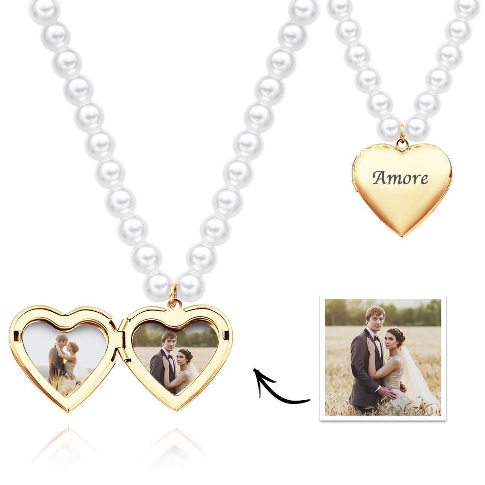 Custom Photo Engraved Necklace Pearl Heart Couple Gift - soufeelau