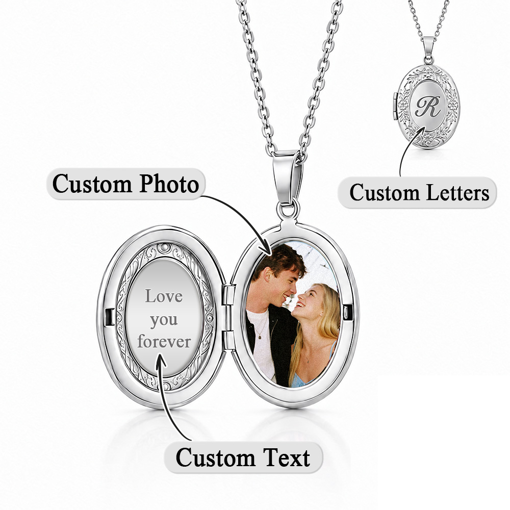 Personalized Initial Photo Locket Necklace Custom Engraved Letter Oval Picture Locket Vintage Keepsake Memorial Jewelry Gift for Women