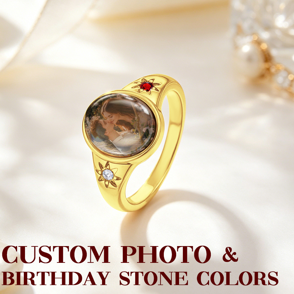 Custom Oval Photo Ring with 2 Birthstones – Personalized Gold Picture Ring Gift for Her Birthday Gift