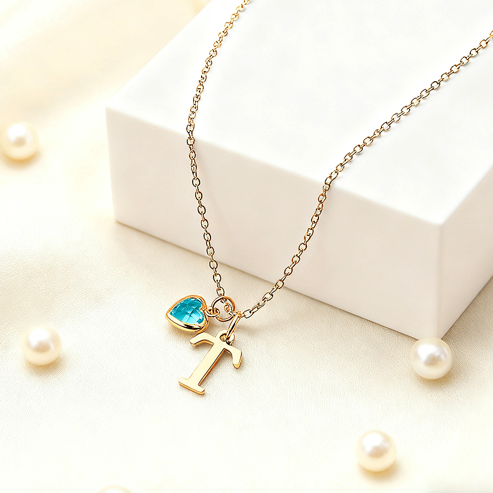 Custom Letter Heart-Shaped Birthstone Necklace Anniversary Birthday Christmas Gift for Her