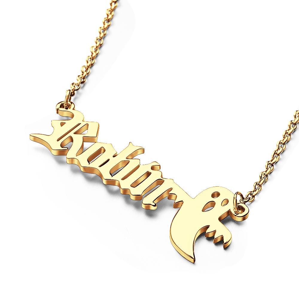 Personalized Ghost Name Necklace Custom Old English Gothic Font Pendant Necklace Minimalist Ghost Jewelry Spooky Halloween Gift for Kids - soufeelau