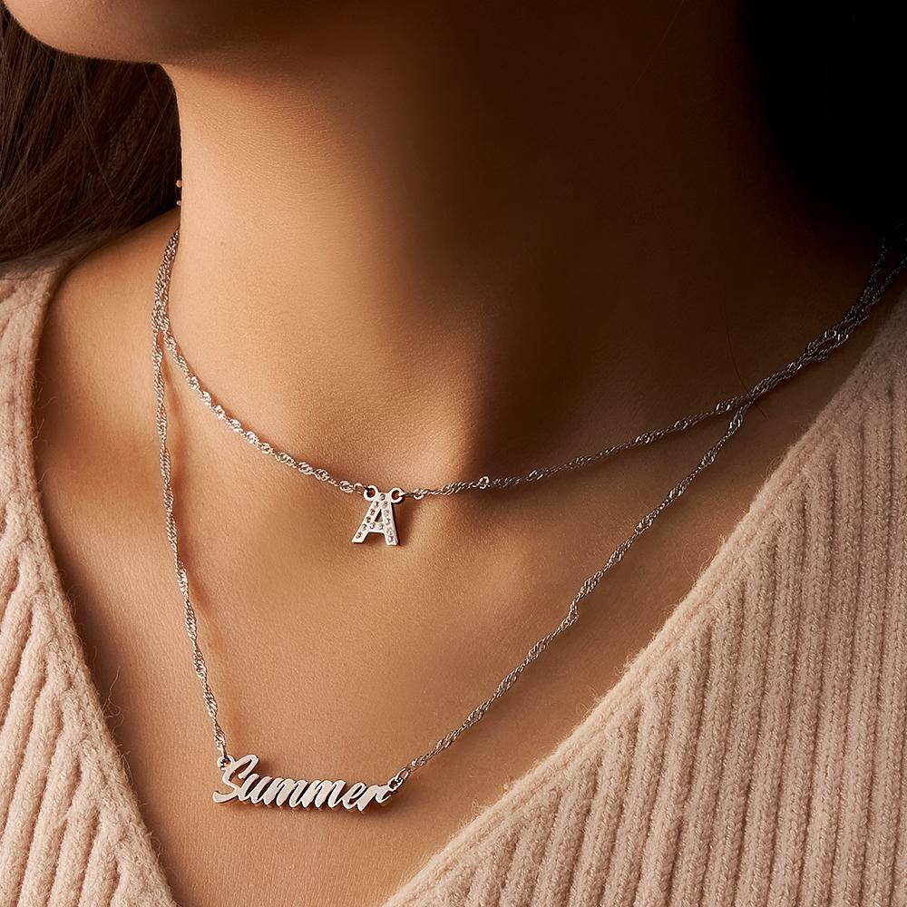 Double Chain Name Necklace Layered Necklace Custom Gold Initial Necklace, Personalized Letter Name Necklace Gift for Her - soufeelau
