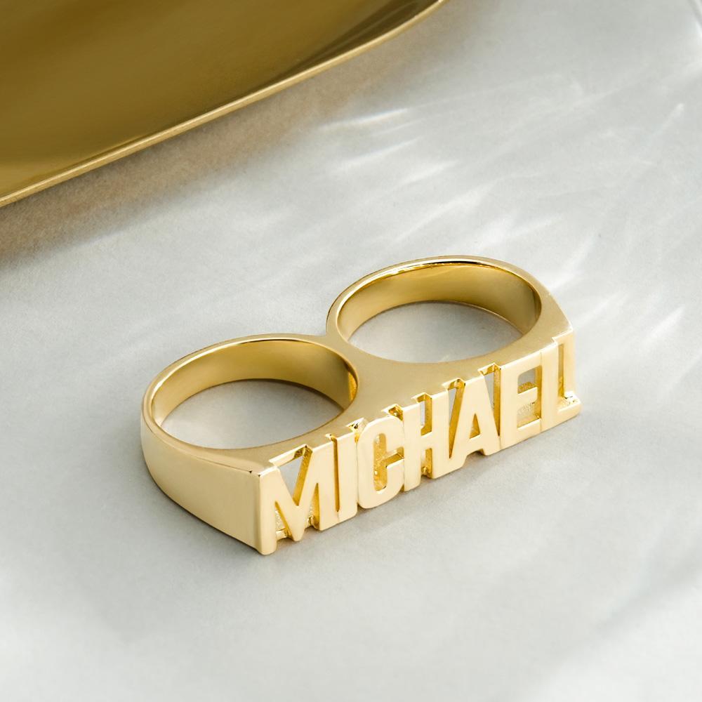 Custom Two Finger Name Ring Personalized Men's Double Band Ring - soufeelau