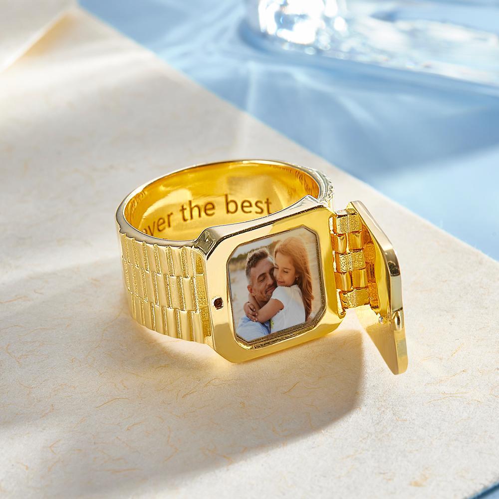 Photo Locket Ring for Dad That Holds Pictures inside Personalized Memorial Photo Locket Band Rings Gift for Dad Father Men Grandfather - soufeelau