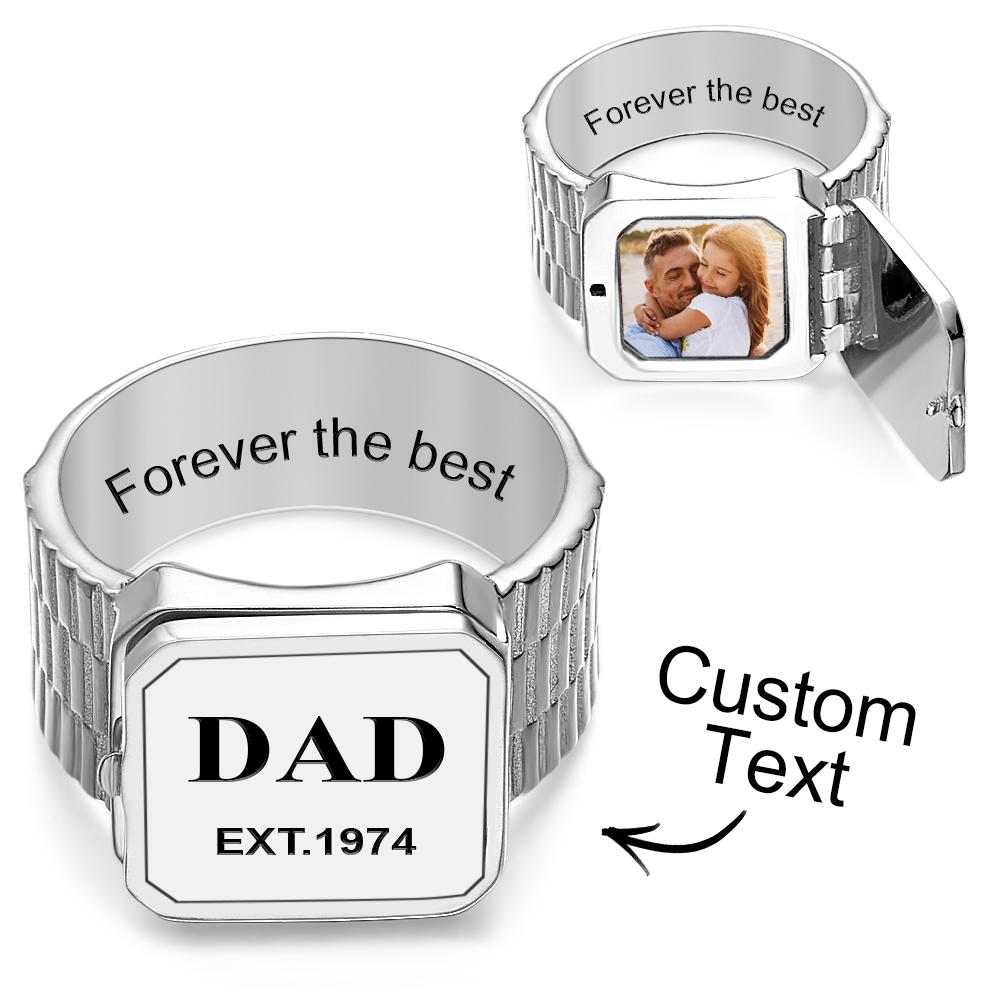 Photo Locket Ring for Dad That Holds Pictures inside Personalized Memorial Photo Locket Band Rings Gift for Dad Father Men Grandfather - soufeelau