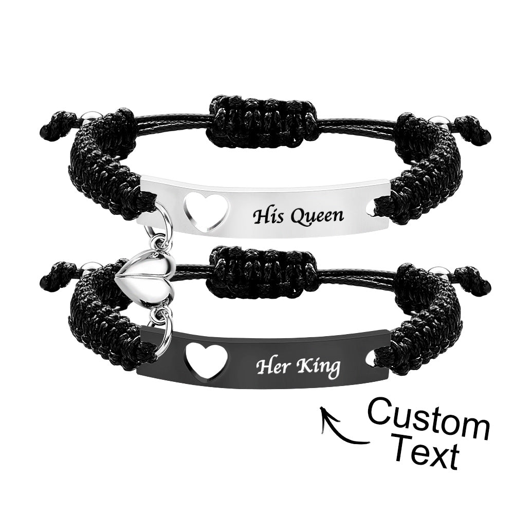 Personalized Stainless Steel Braided Rope Adjustable Hollow Heart Couples Matching Bracelets - soufeelau