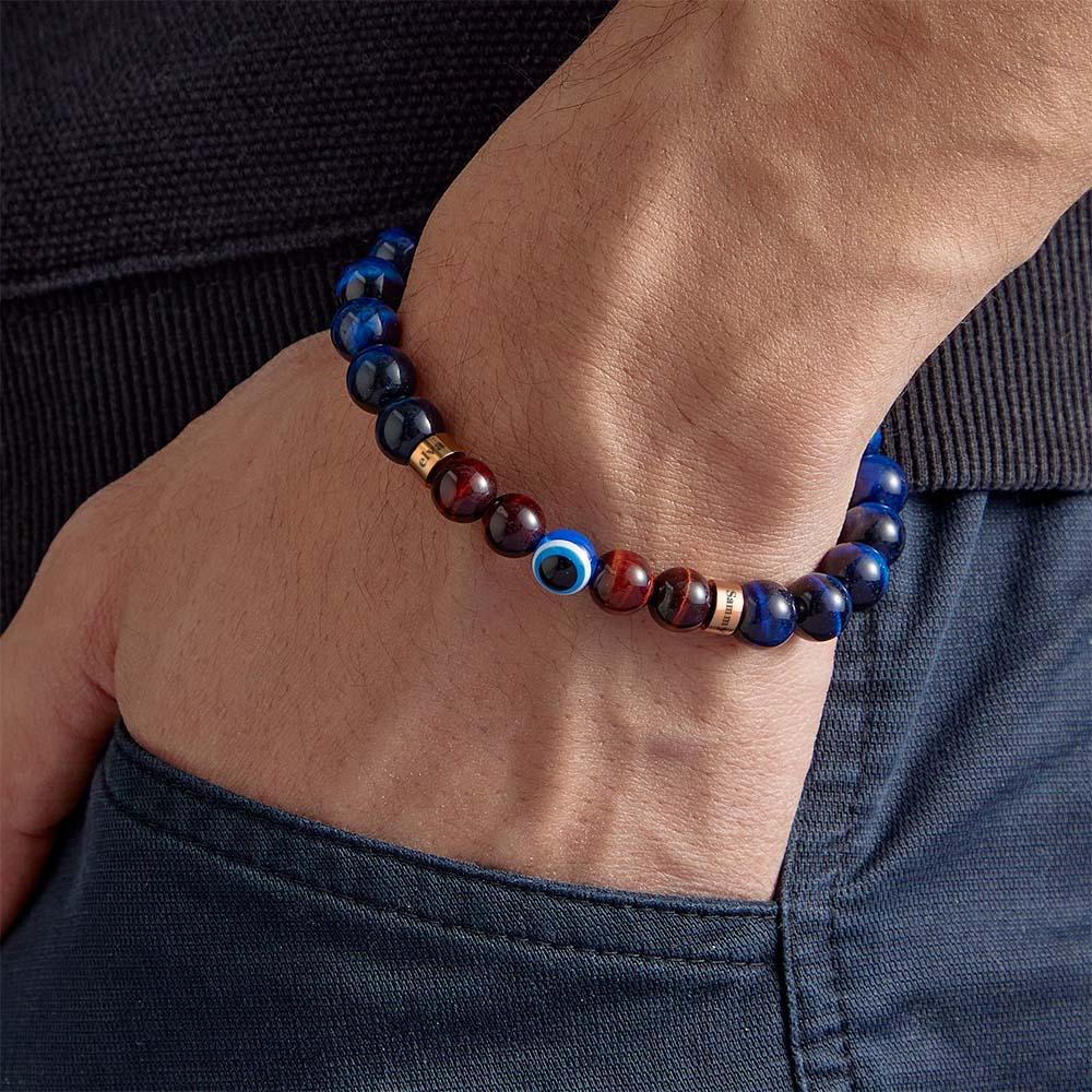 Custom Engraved Amulet Bracelet Evil Eye Blue and Red Tiger Eye Beaded Bracelet for Men - soufeelau