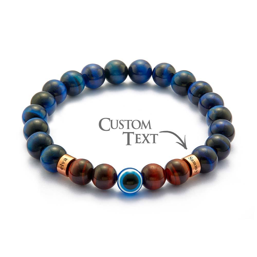 Custom Engraved Amulet Bracelet Evil Eye Blue and Red Tiger Eye Beaded Bracelet for Men - soufeelau