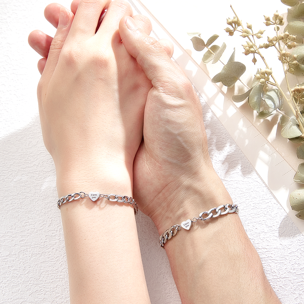 Engravable Bracelet Set Personalized Fashionable Chain Heart Pendant Bracelet Gift For Couples - soufeelau