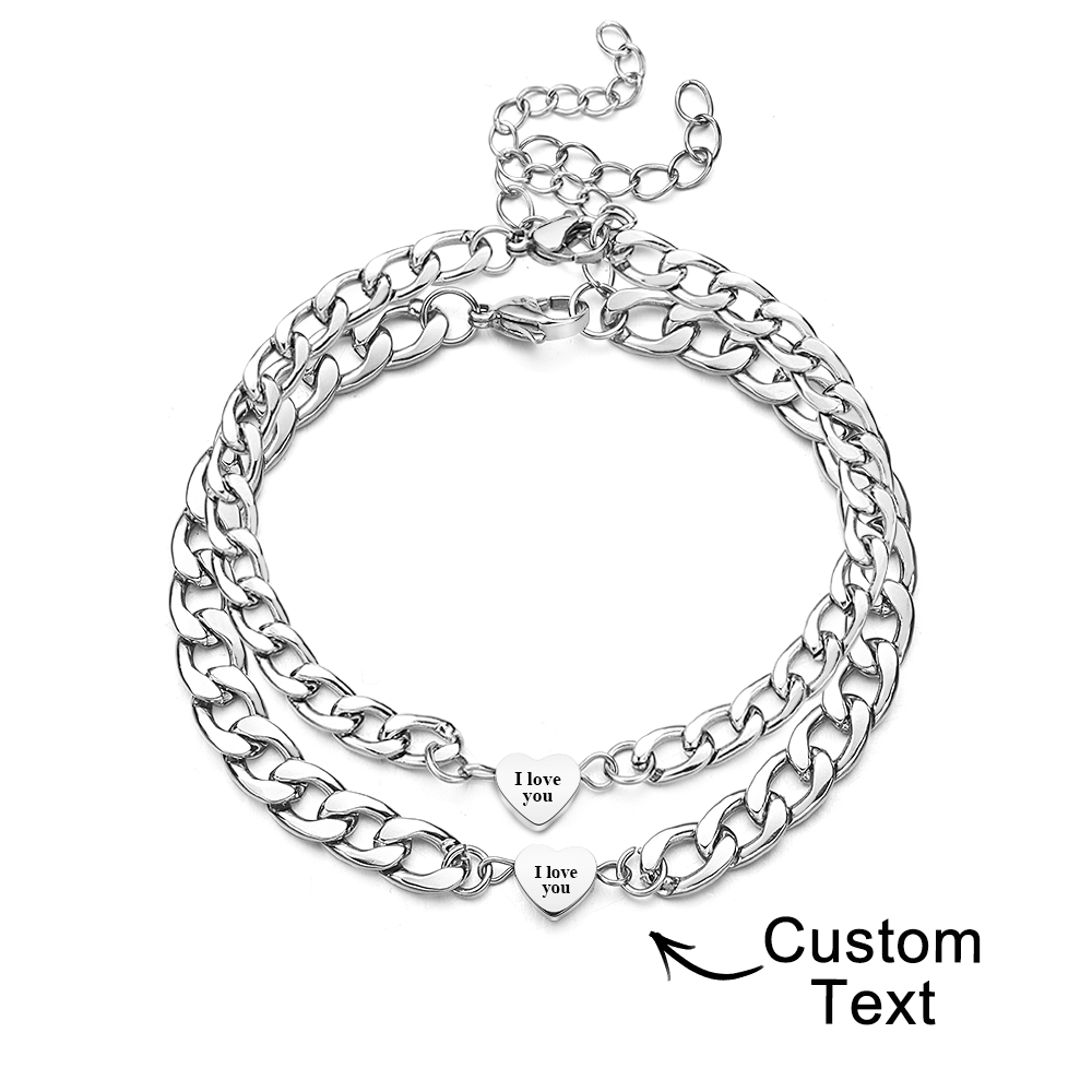 Engravable Bracelet Set Personalized Fashionable Chain Heart Pendant Bracelet Gift For Couples - soufeelau