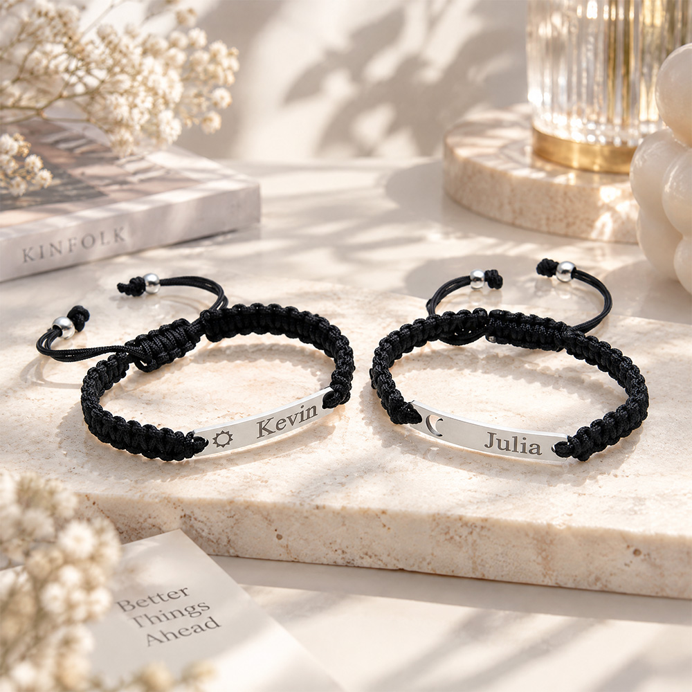 Personalized Sun & Moon Couple Bracelets – Custom Engraved Woven Bracelets for Couples, Matching Relationship Gift - soufeelau