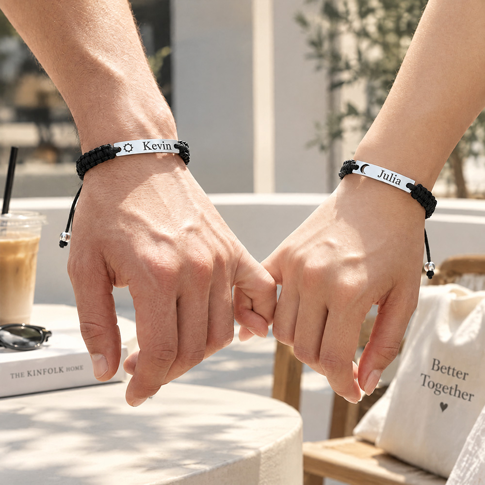 Personalized Sun & Moon Couple Bracelets – Custom Engraved Woven Bracelets for Couples, Matching Relationship Gift - soufeelau