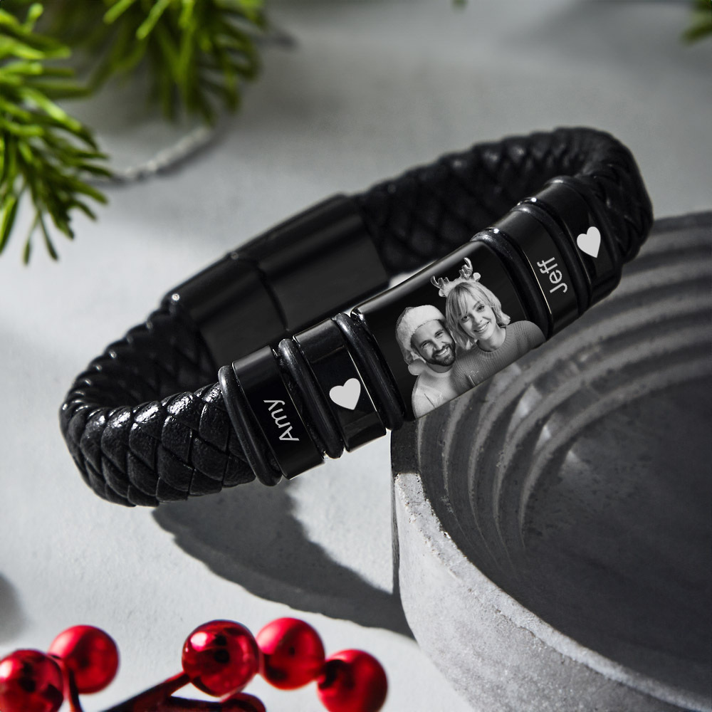 Custom Photo Engraved Bracelet Leather Bracelet Men's Christmas Gifts for Him - soufeelau