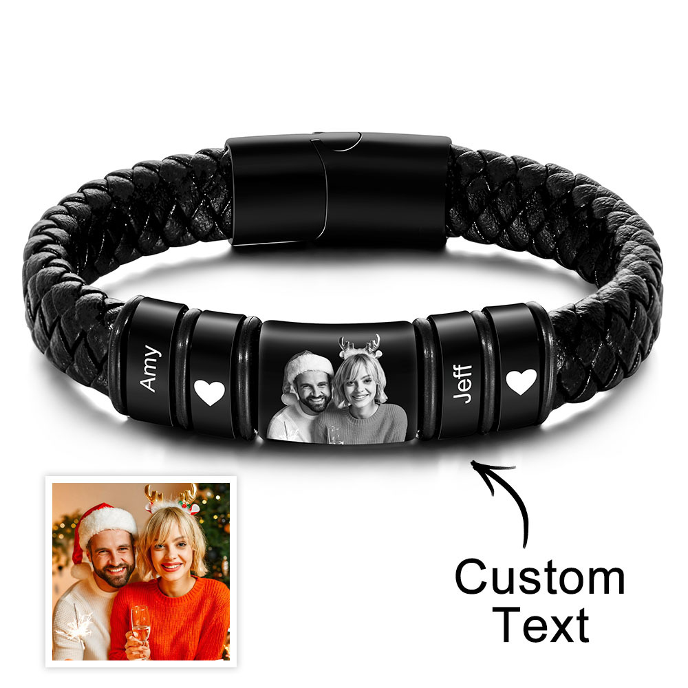 Custom Photo Engraved Bracelet Leather Bracelet Men's Christmas Gifts for Him - soufeelau