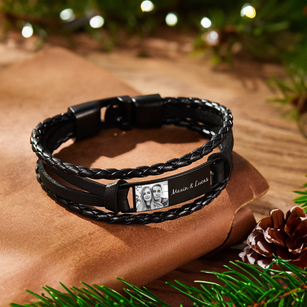 Custom Men's Bracelets Photo Leather Engraved Bracelet Best Christmas Gifts for Him - soufeelau