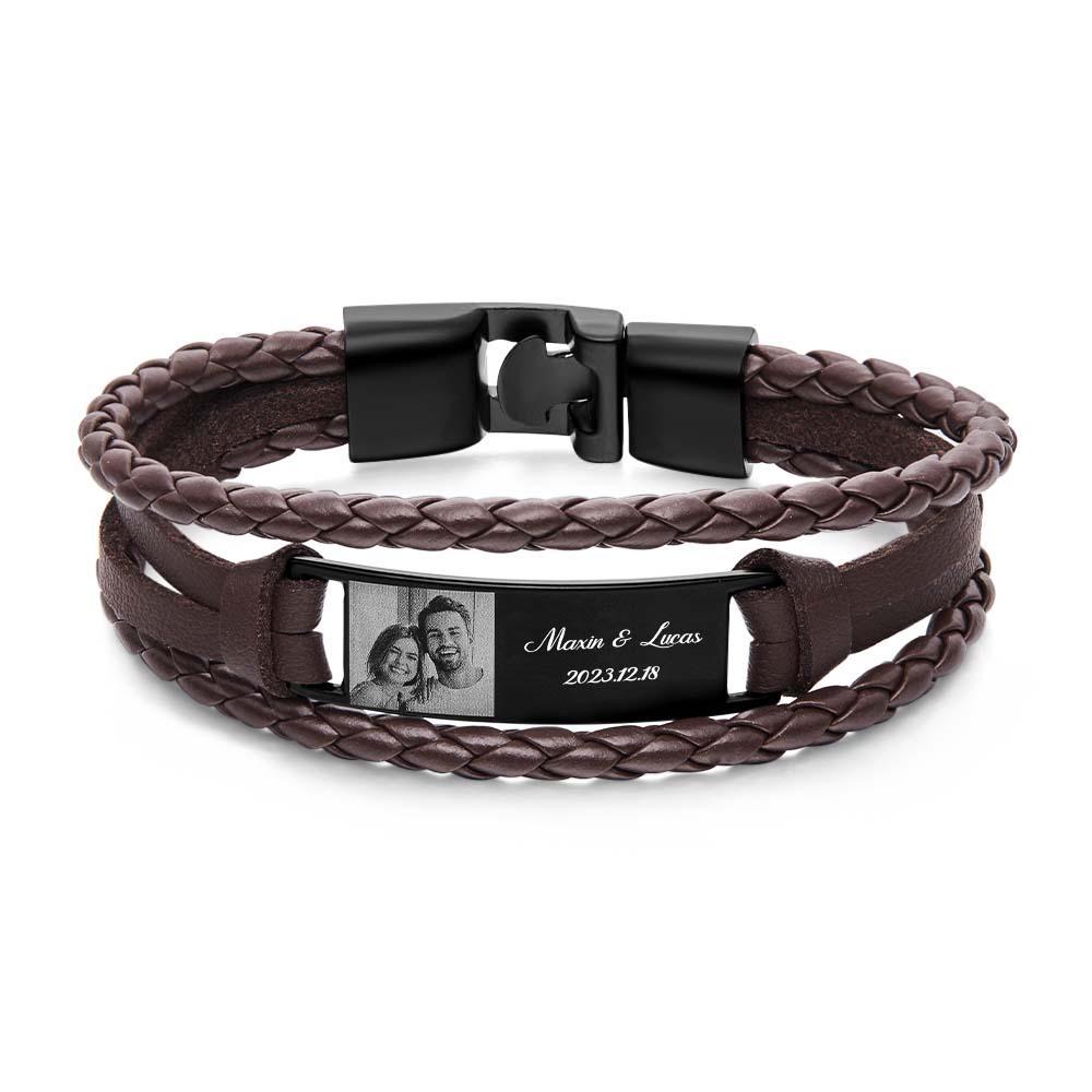 Custom Men's Bracelets Photo Leather Engraved Name and Date Men's Bracelet Best Valentine's Day Gifts for Him - soufeelau