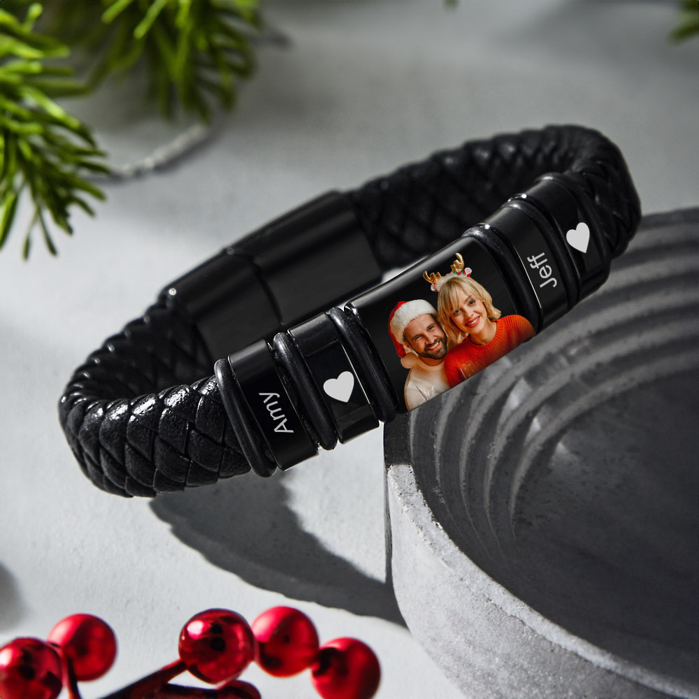 Custom Photo Engraved Bracelet Leather Bracelet Men's Christmas Gifts for Him - soufeelau