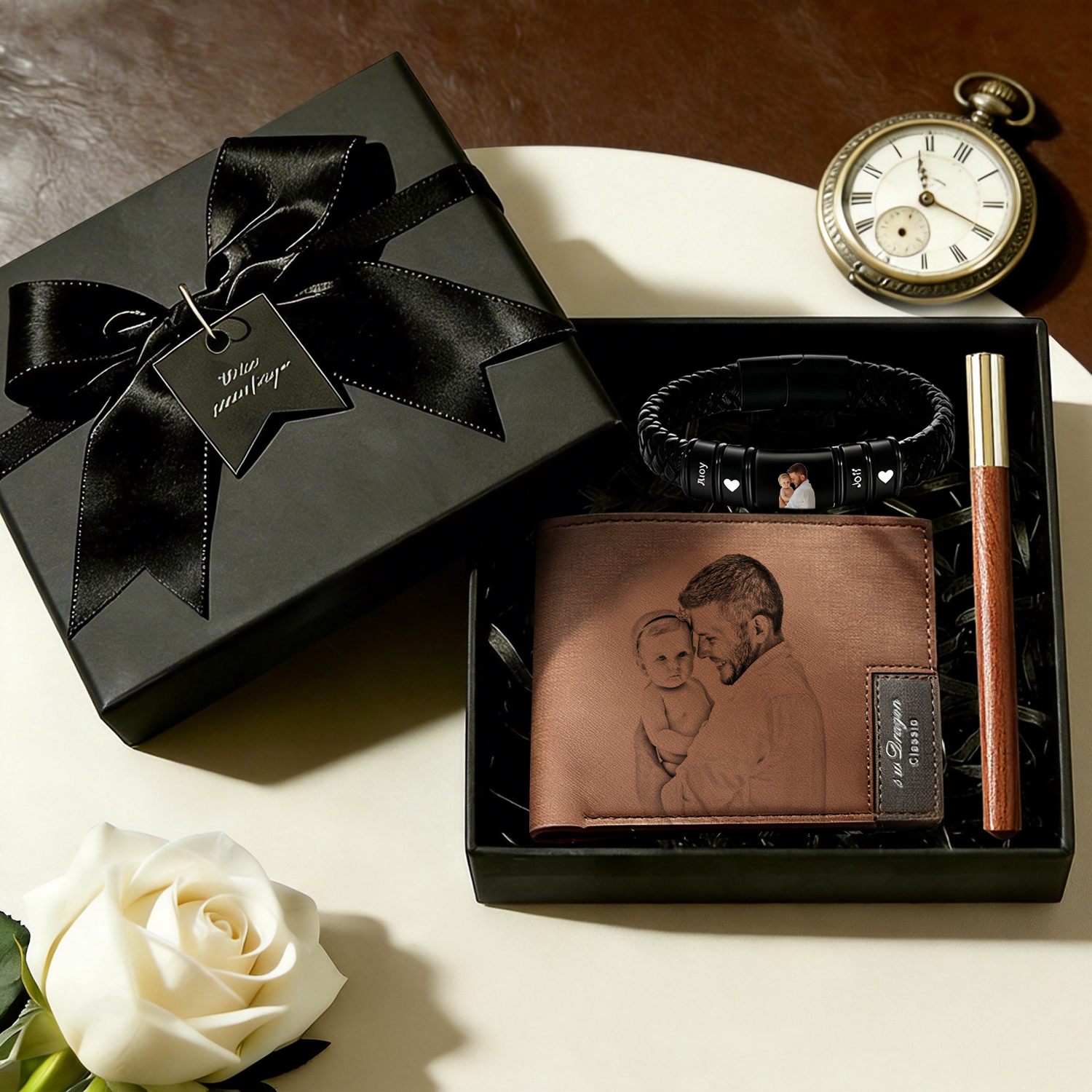 Custom Photo Wallet and Photo Bracelet Set Father's Day Gift for Him - soufeelau