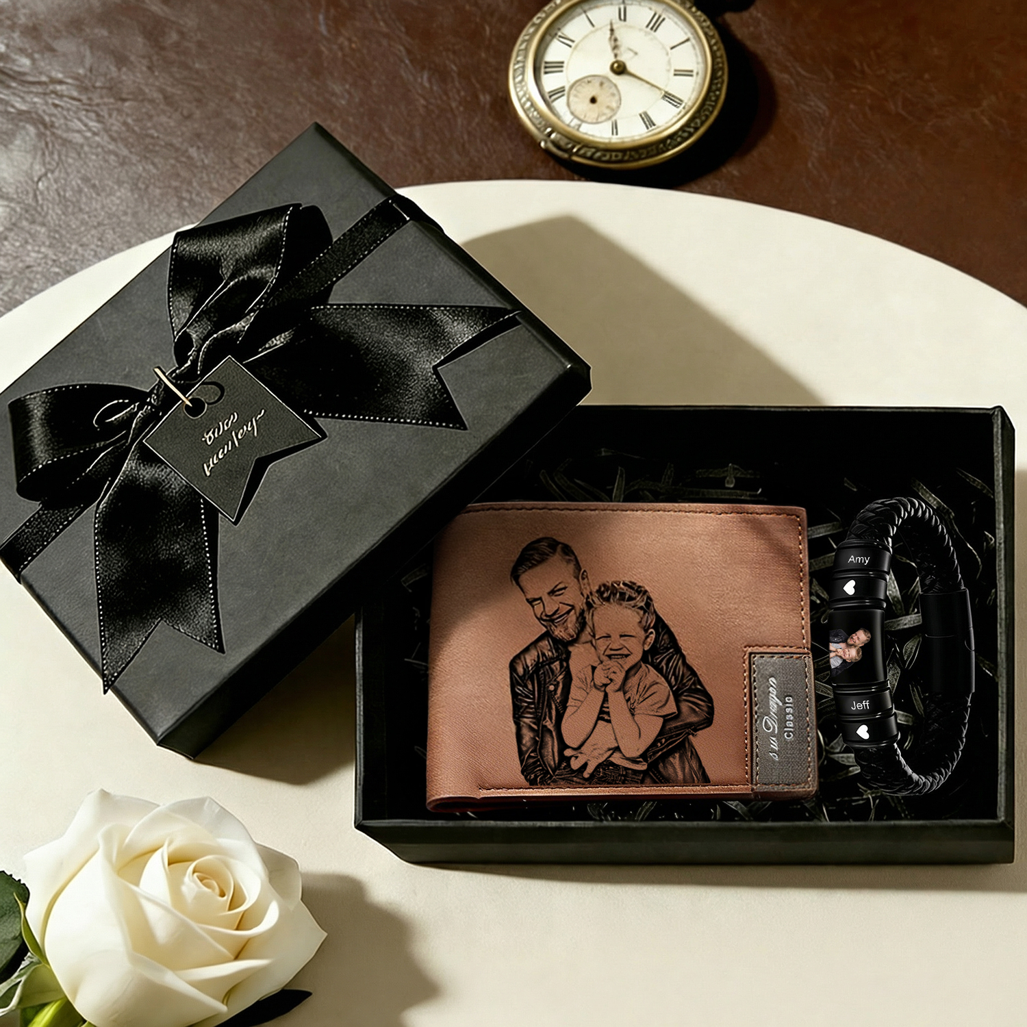 Custom Photo Wallet and Photo Bracelet Set Father's Day Gift for Him - soufeelau