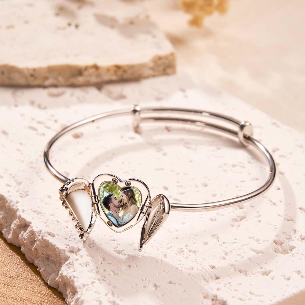 Personalized Photo Love Heart Bracelet for Women Angel Wings Heart Dangle Charm Meaningful Gift for Her - soufeelau