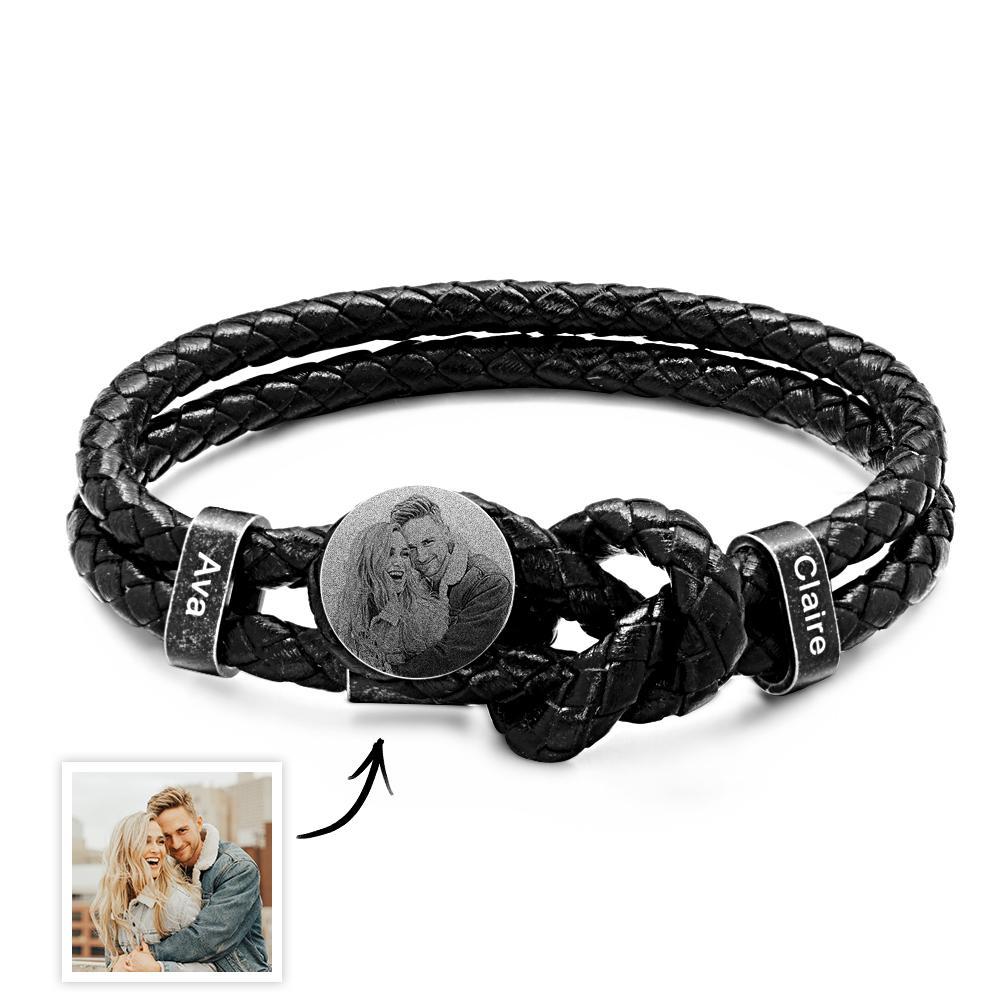 Mens Retro Leather Photo Bracelet with 2-5 Names Custom Family Name Photo Gifts for Dad Fathers Day Gifts