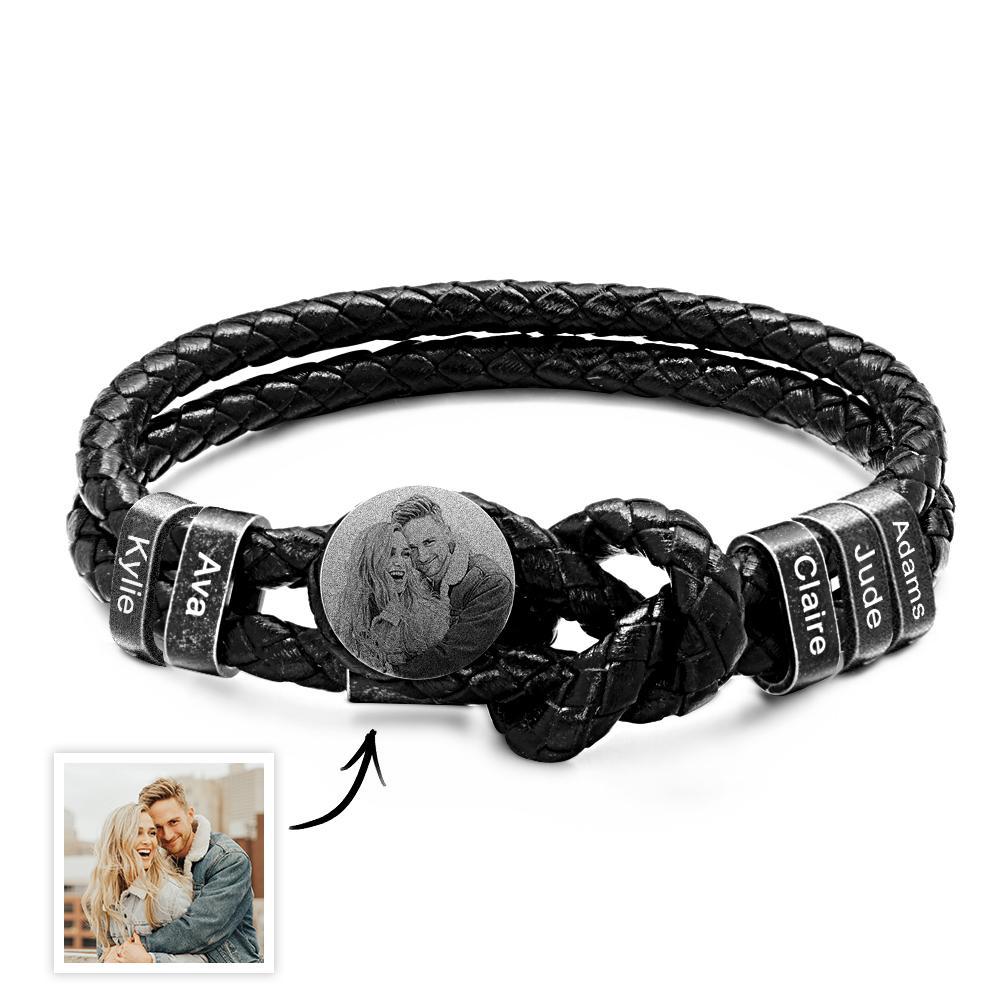 Mens Retro Leather Photo Bracelet with 2-5 Names Custom Family Name Photo Gifts for Dad Fathers Day Gifts - soufeelau