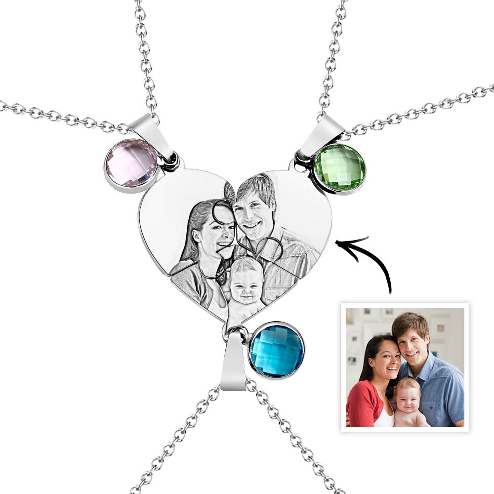 Personalized Photo Three Heart Puzzle Necklace With Birthstone Pendant Jewelry Gifts For Family - soufeelau