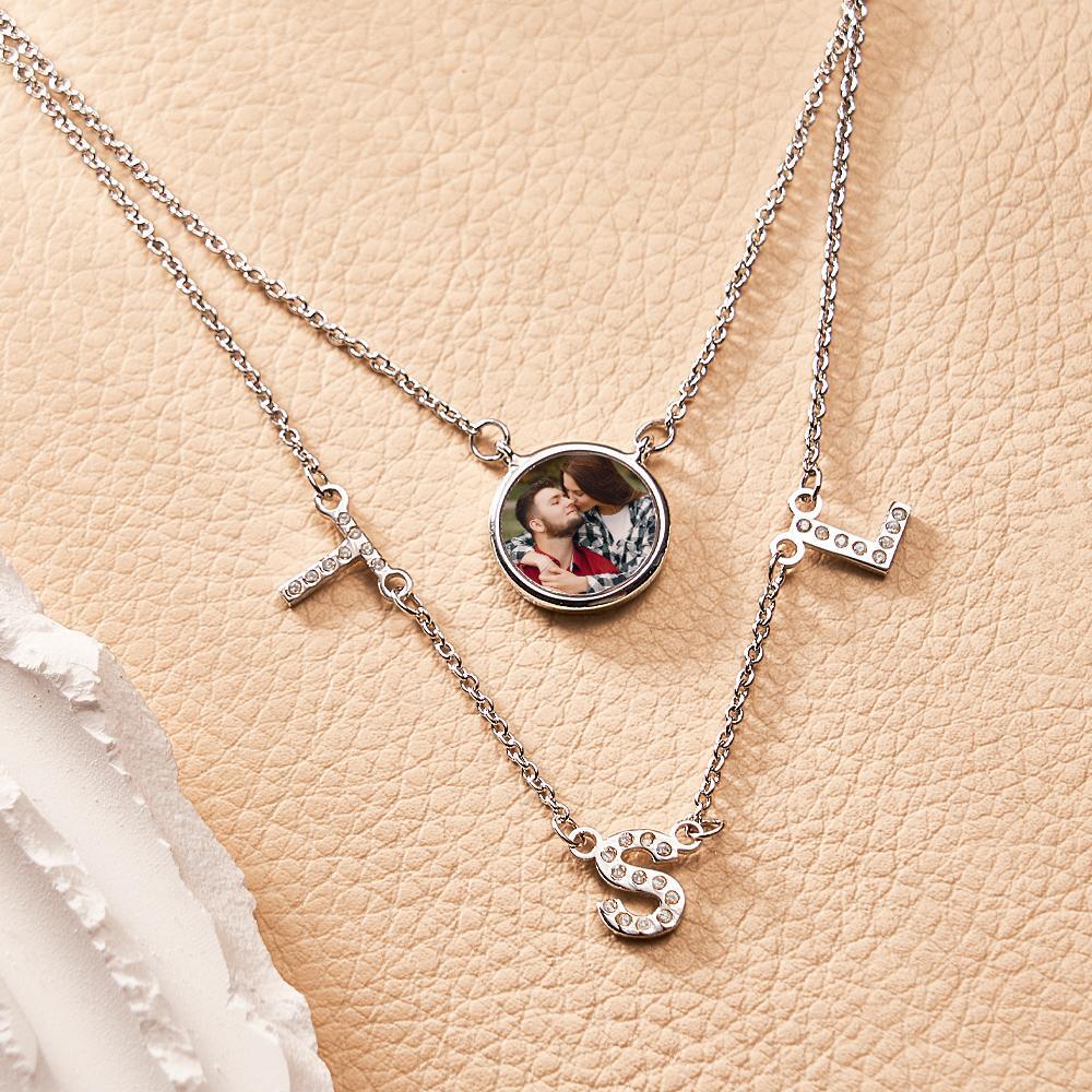 Double Chain Set Personalized Photo Necklace with Your Initial Gift for Her - soufeelau