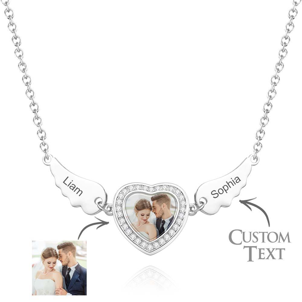 Custom Photo Angle Wings Necklace Zircon Decor Heart Pendant Necklace Gifts For Her - soufeelau