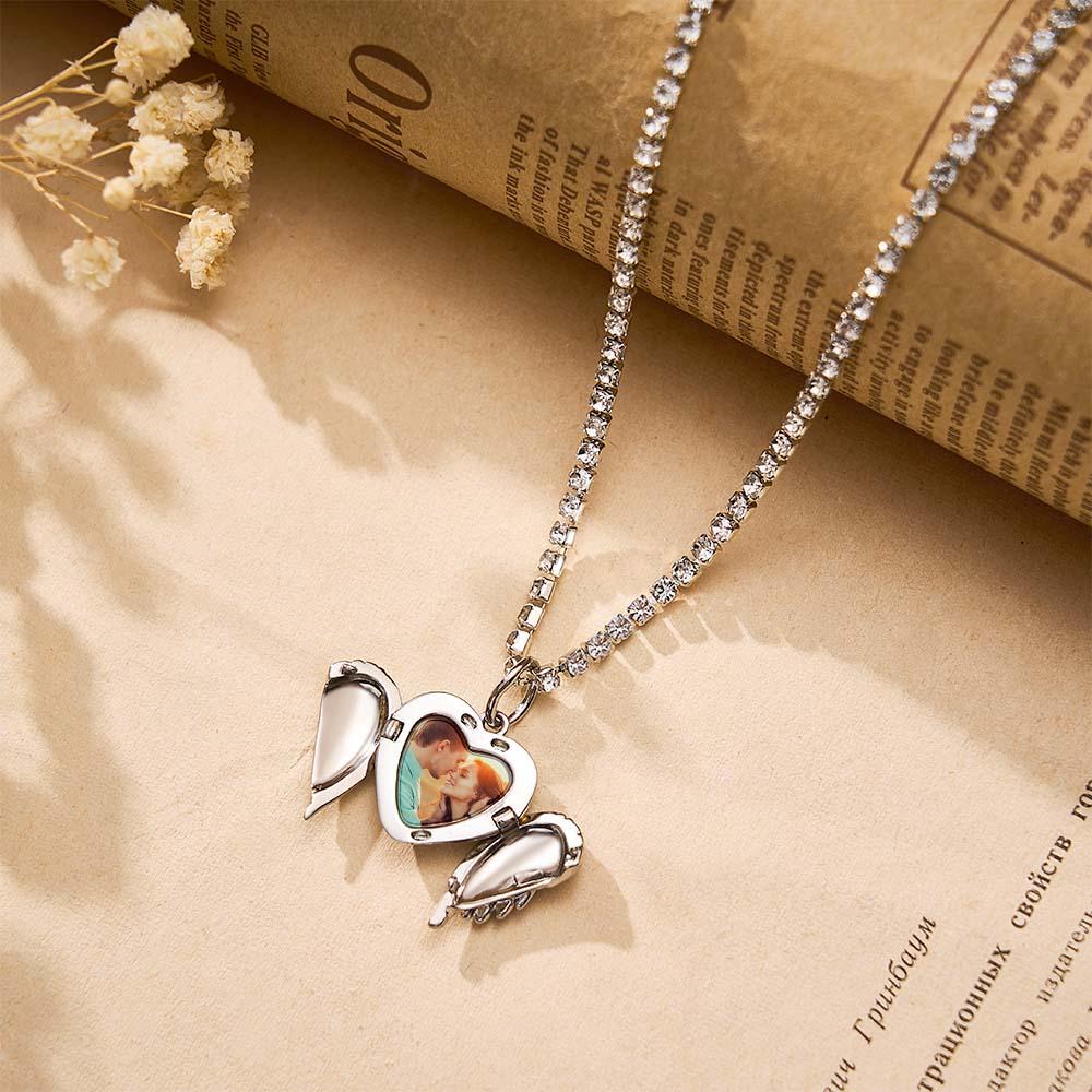 Engravable Photo Locket Necklace Tennis Chain Personalized Heart Angel Wings Gift For Her - soufeelau