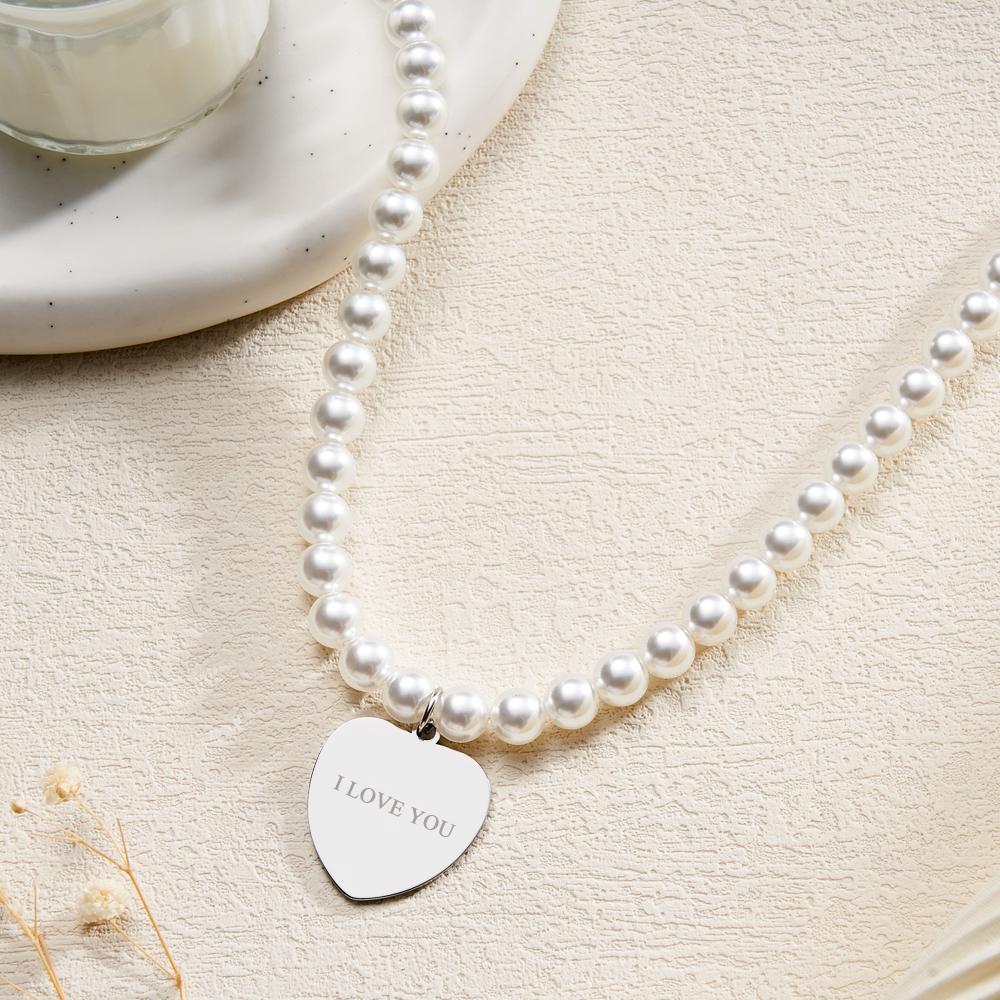 Custom Photo Engraved Necklace Pearl Chain Heart Gift - soufeelau