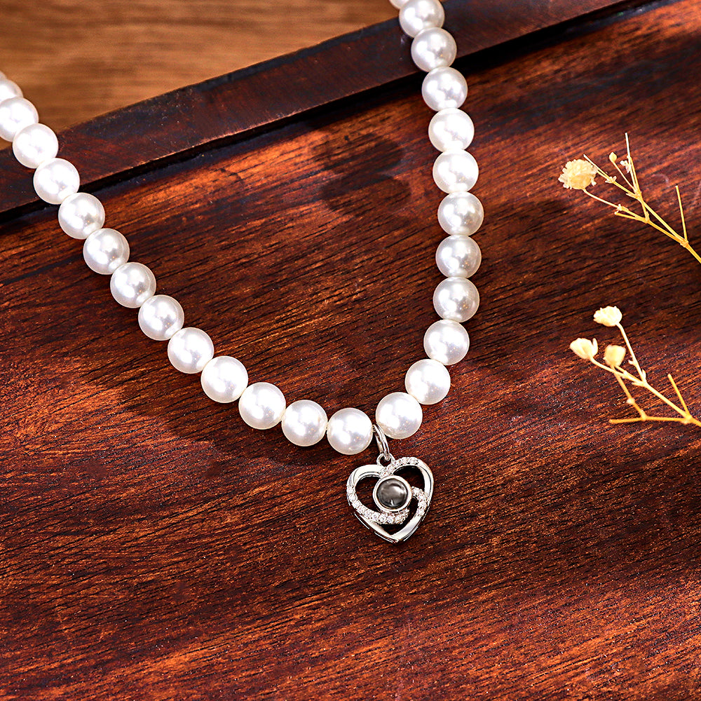 Custom Projection Necklace Pearl Chain Diamond Heart Gift - soufeelau