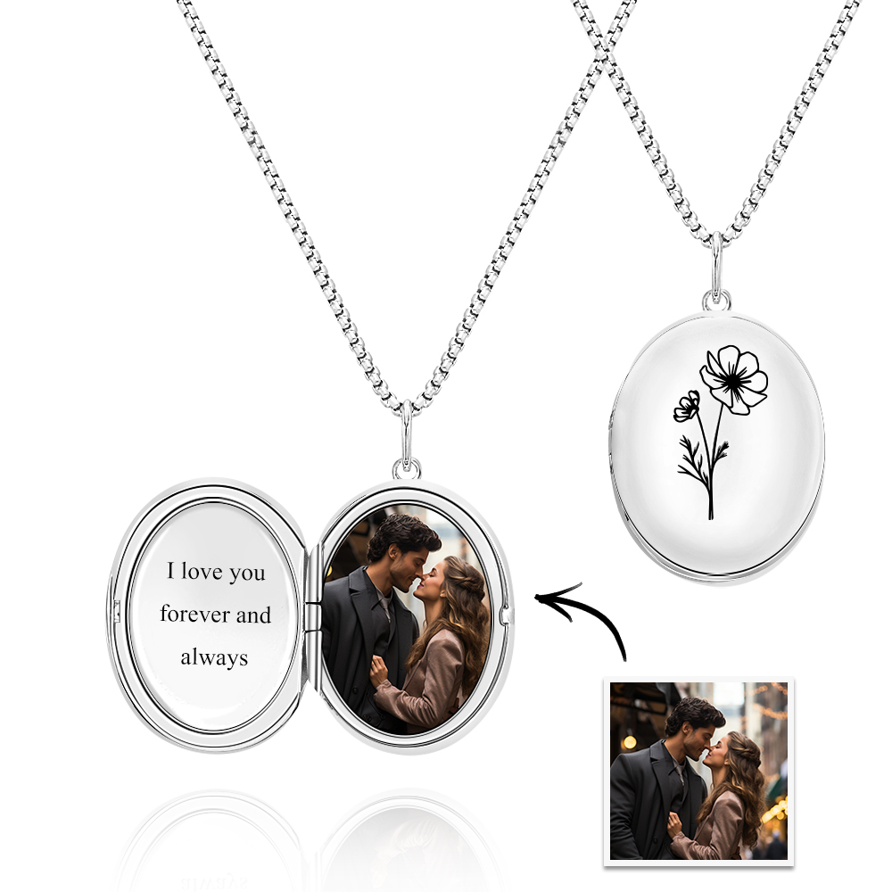 Custom Photo Locket Necklace with Engravable Birth Flower Birthday Gift for Women - soufeelau