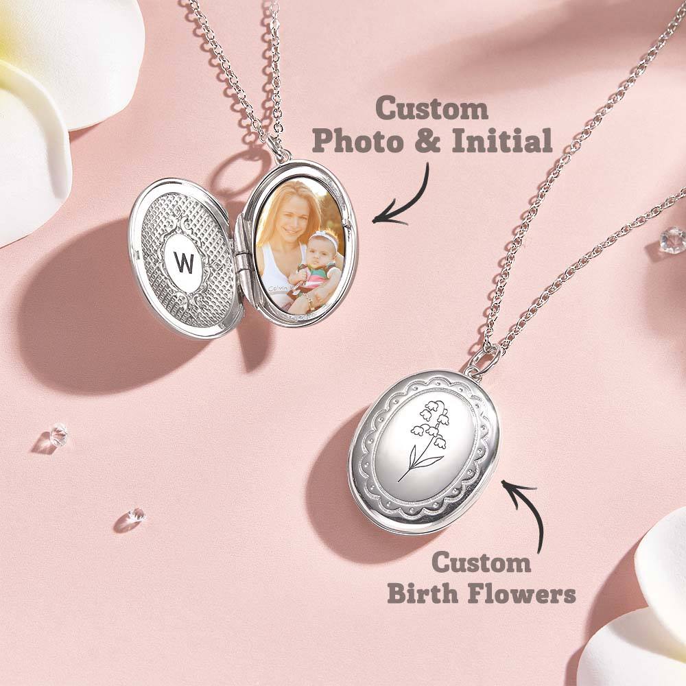 Personalized Birth Flower Locket Necklace with Photo Necklace Jewelry Gift for Her - soufeelau