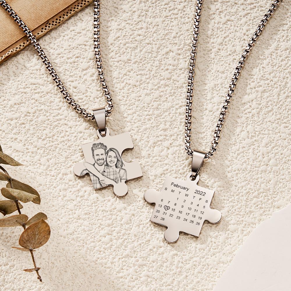 Together Forever Puzzle Necklace Couples Set Calendar Necklace Save The Date Gift for Him and Her - soufeelau