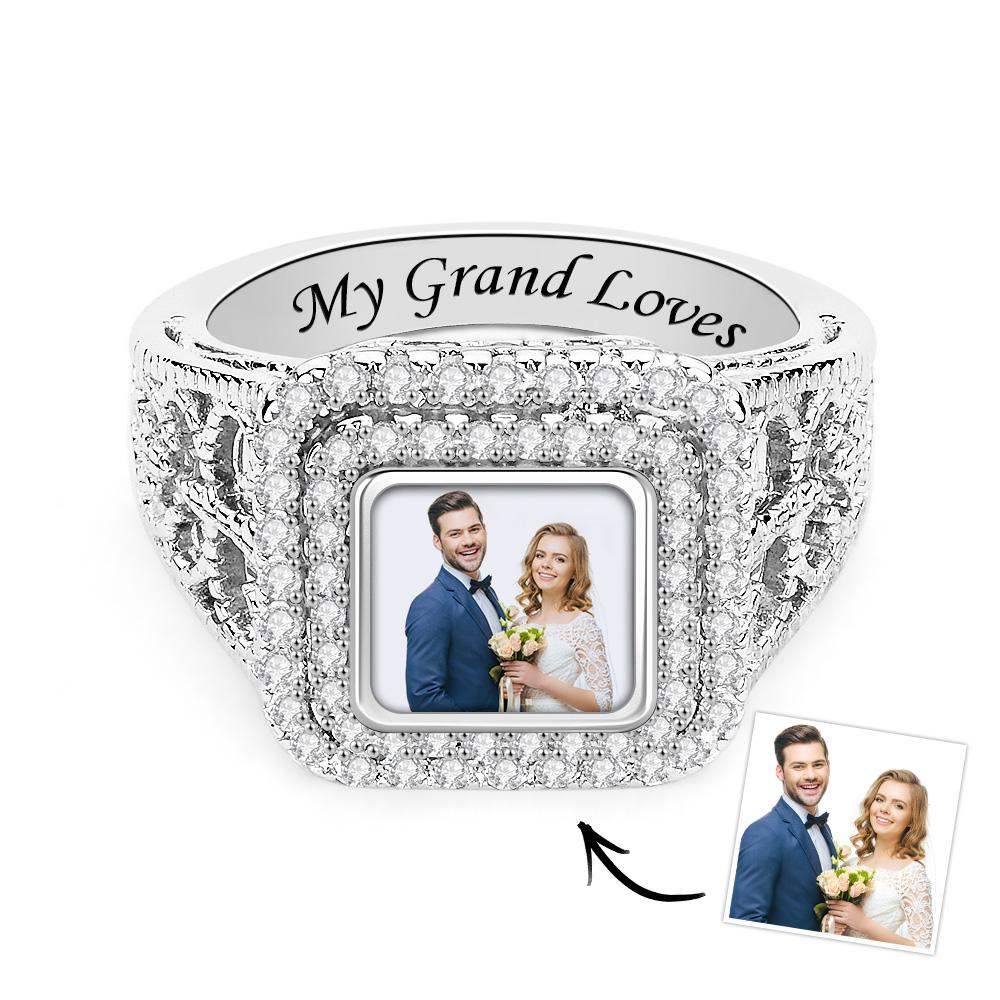 Custom Photo Zircon Ring Noble Bling Jewelry Gifts for Couples - soufeelau