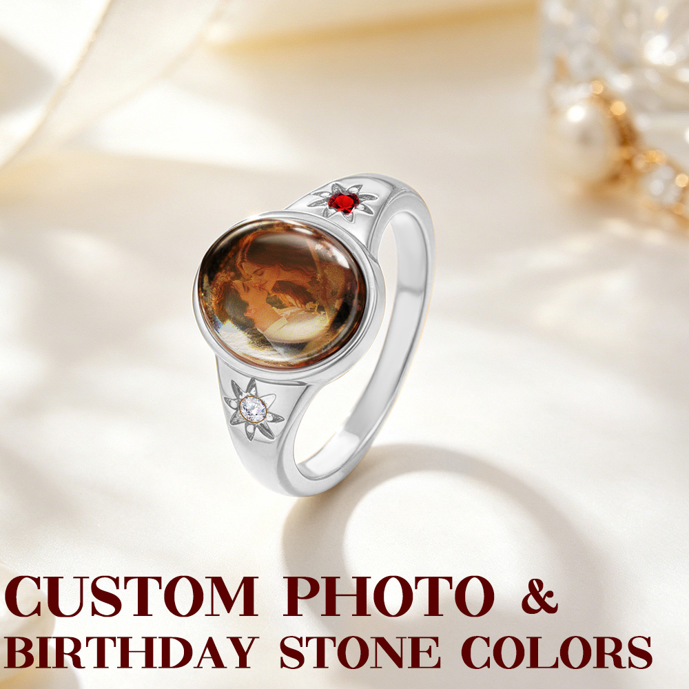 Custom Oval Photo Ring with 2 Birthstones – Personalized Gold Picture Ring Gift for Her Birthday Gift