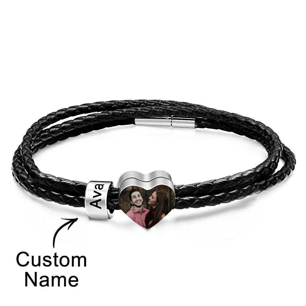 Custom Photo Name Bracelet Weave Leather Gift for Dad