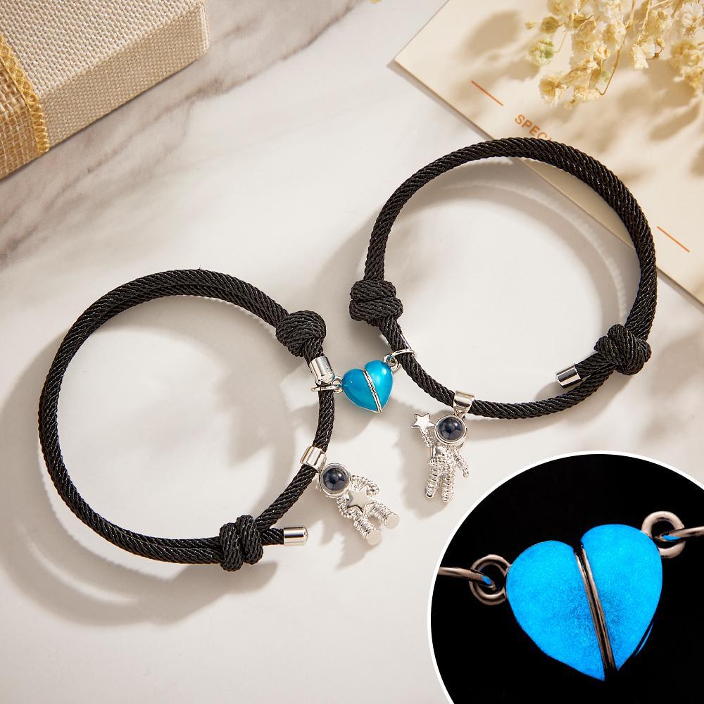 Custom Photo Projection Matching Bracelets for Couples Magnetic Glow-in-the-Dark Heart Shape - soufeelau