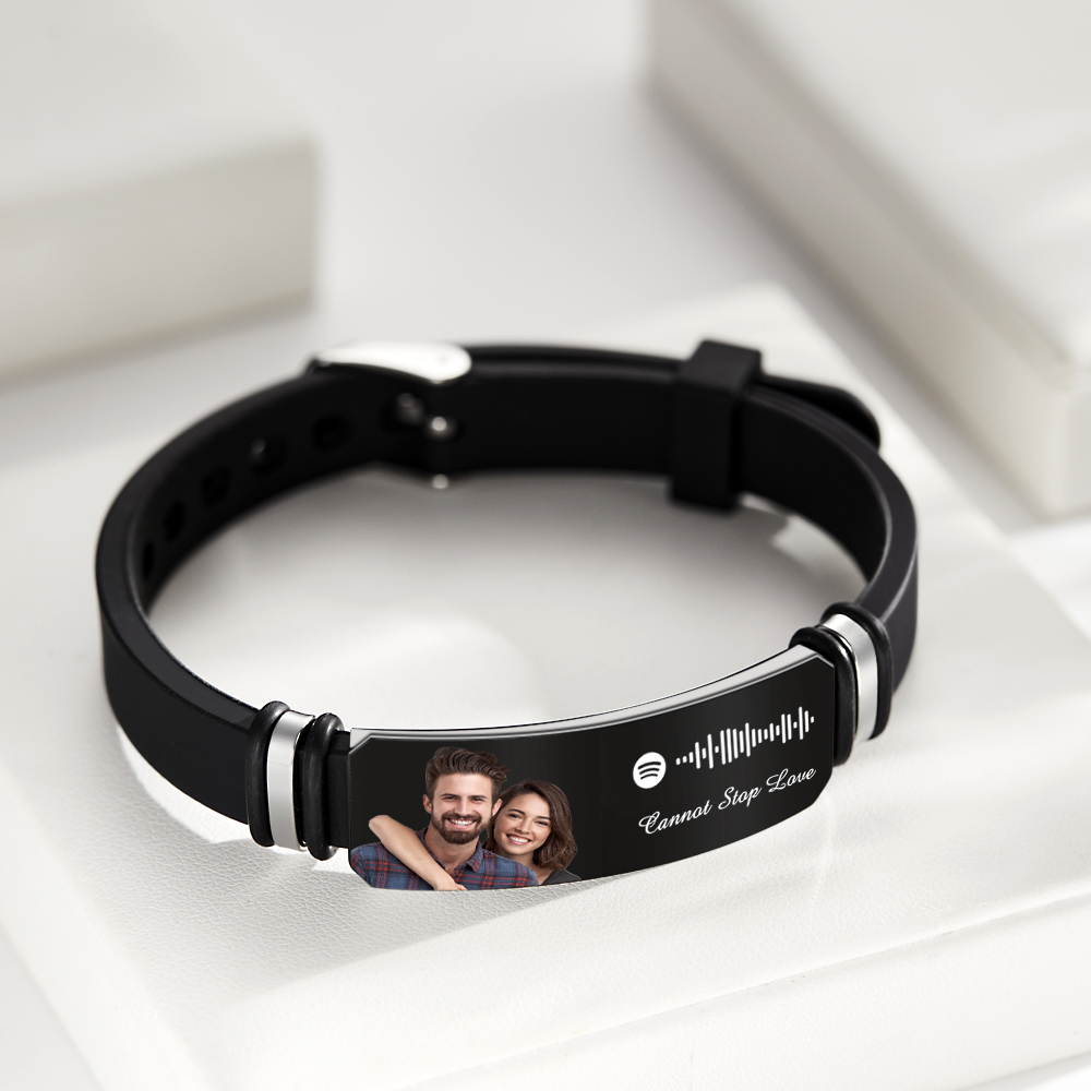 Custom Photo Engraved Spotify Music Black Bracelet For Him Personalized Bracelet Perfect Gift For Valentines Day - soufeelau